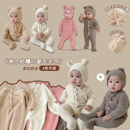 Plush Baby Jumpsuit with Front Buttons and Long Sleeves, Textured Fall Winter One-Piece Outfit for Boys and Girls in White, Camel, Pink or Grey