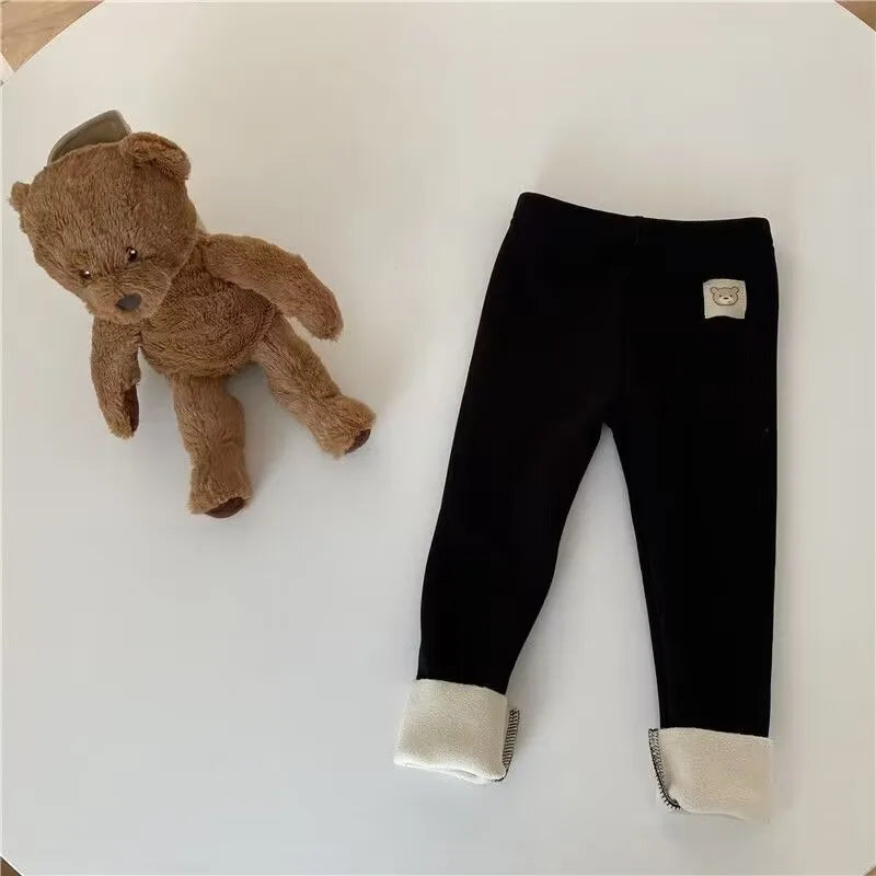 Fleece Lined Leggings for Toddler Girls with Bear Patch, Slim Fit Polyester Pants in Four Neutral Colors, Sizes 12M and 2T–6T for Fall Layering