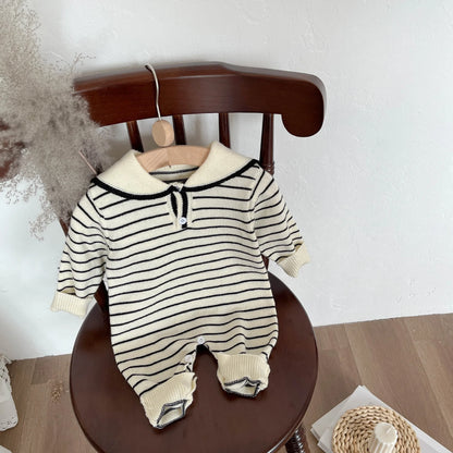 Sailor Collar Baby Knit Romper with Long Sleeves and Button Fastenings, Footless One-Piece Outfit in Gray, Stripe or Dark Blue, Sizes 66-100