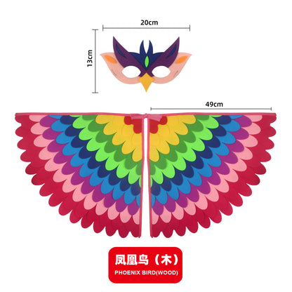 Kids Bird Wings and Mask Costume Set with Layered Felt Feather Cape, Colorful Animal Dress-Up for Halloween, Birthday Parties and Stage Performances