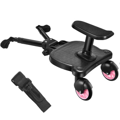 Second Child Stroller Board with Removable Seat, Sit-and-Stand Ride Along Platform in Black, Blue or Pink with Single or Double Wheel Options
