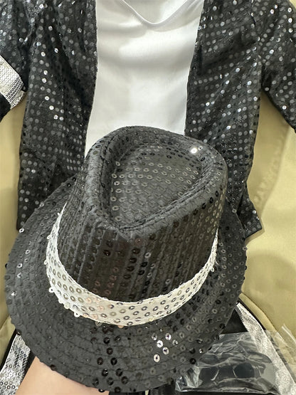Kids Pop Star Costume with Black Sequin Jacket and Pants Set Options, Retro Dance Performance Outfit for Halloween and Parties, Sizes S-XL