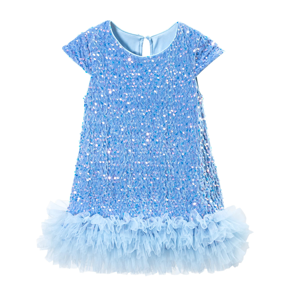 Girls Sequin Party Dress, Short Sleeve Sparkle Dress with Fluffy Mesh Ruffle Hem and Cotton Blend Lining for Birthdays and Holiday Photos, 2T-6T