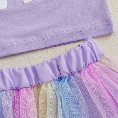 Toddler Girl Birthday Outfit with Purple Embroidered Tee and Pastel Rainbow Tulle Skirt, Two-Piece Party and Photo Set, 12 Months-6 Years