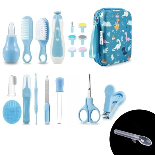 Baby Nail and Hair Care Kit, 20-Piece Grooming Set with Electric Nail Trimmer, Silicone Bath Brush, Dropper and Printed Case in Blue or Pink