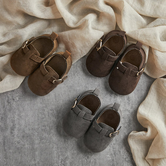 Baby Suede Buckle Flats with Rounded Toes and Textured Rubber Soles, Khaki, Brown or Gray Shoes for Infant Boys and Girls, Age Options 0-18 Months