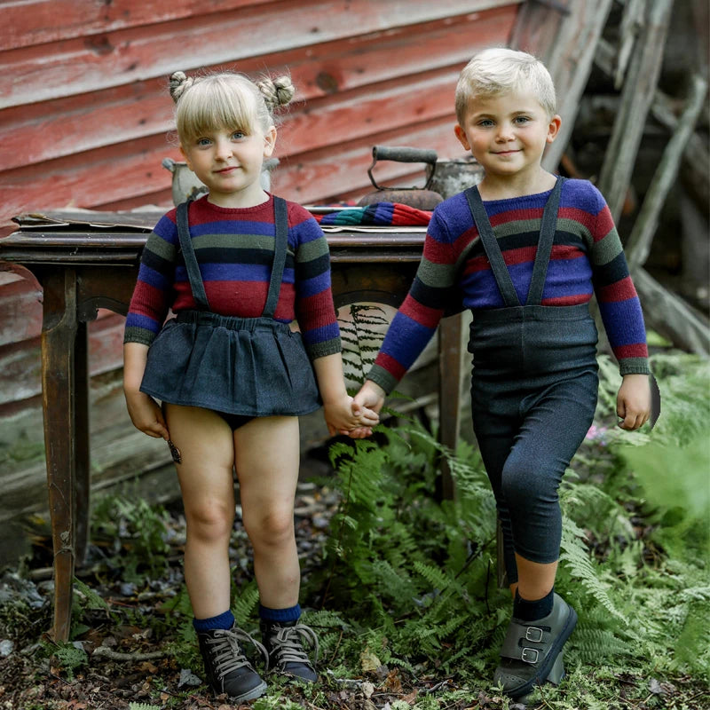 Striped Cable Knit Sibling Outfits with Dark Denim Jumper Dresses, Skirts and Pants, Coordinating Boys Girls Sweaters and Baby Romper Options