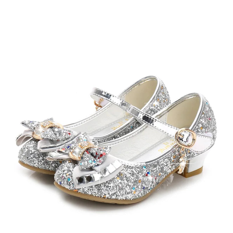 Bow-Accent Glitter Mary Jane Shoes for Girls with Buckled Strap and Block Heel, Sparkling Princess Dress Shoes for Parties and Weddings