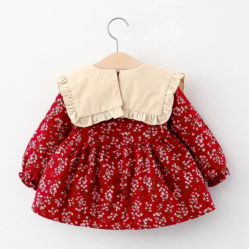 Baby Girl Floral Long Sleeve Dress with Ruffle Collar and Bow, Spring and Fall Outfit for Birthdays and Family Photos, Sizes 9 Months to 3 Years