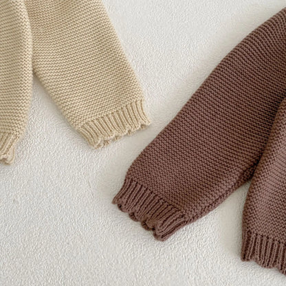 Scalloped Neck Baby Cardigan with Button Front, Textured Knit and Ribbed Cuffs, Long Sleeve Infant and Toddler Sweater in Khaki or Apricot