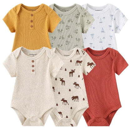 Baby Cotton Bodysuit Set, 6-Piece Short Sleeve Outfits with Envelope Shoulders and Snap Crotch for Boys and Girls, Sizes 3M-12M