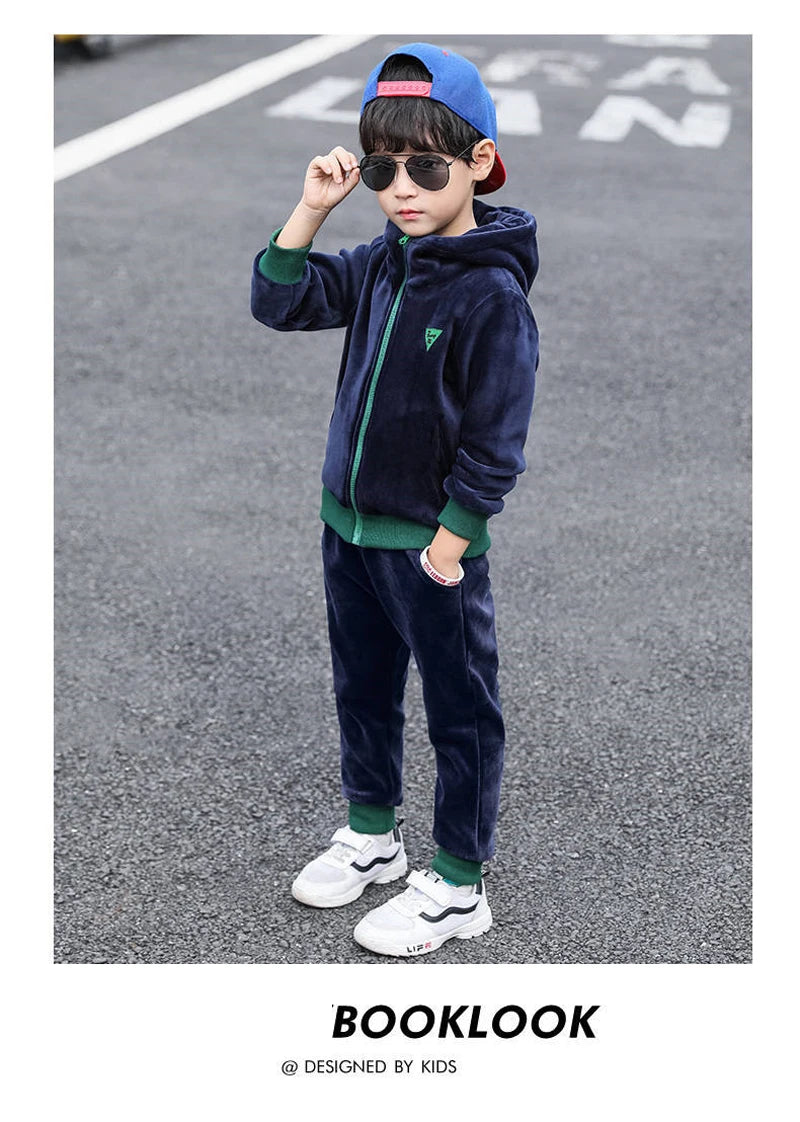 Boys Winter Tracksuit Set with Velvet-Texture Zip-Up Hooded Jacket and Matching Pants, 2-Piece Polyester Outfit for Ages 3-10