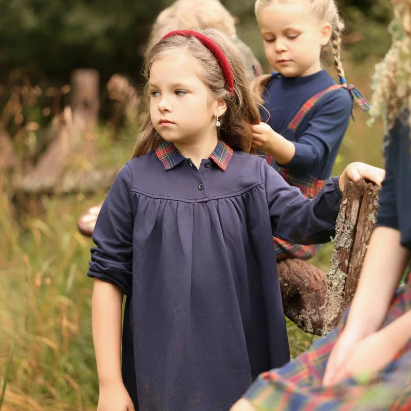 Navy Tartan Sibling Matching Outfits, 100% Cotton Plaid Jumper Dresses, Teen Skirts, Baby Rompers and Coordinating Boys and Girls Tops