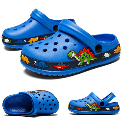 Dinosaur Kids Garden Clogs with Ventilation Holes and Pivoting Heel Strap, Closed-Toe Slip-On Summer Shoes for Boys and Girls Casual Outfits