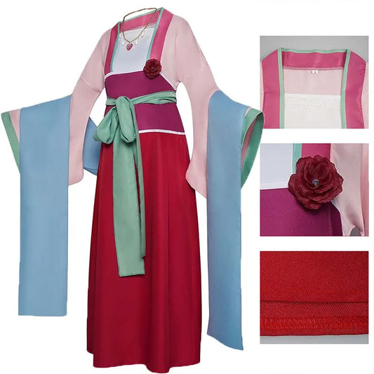 Maomao Cosplay Dress Set with Necklace, Flower Accent, Waist Belt and Shawl, Apothecary Diaries Inspired Outfit for Halloween and Anime Events
