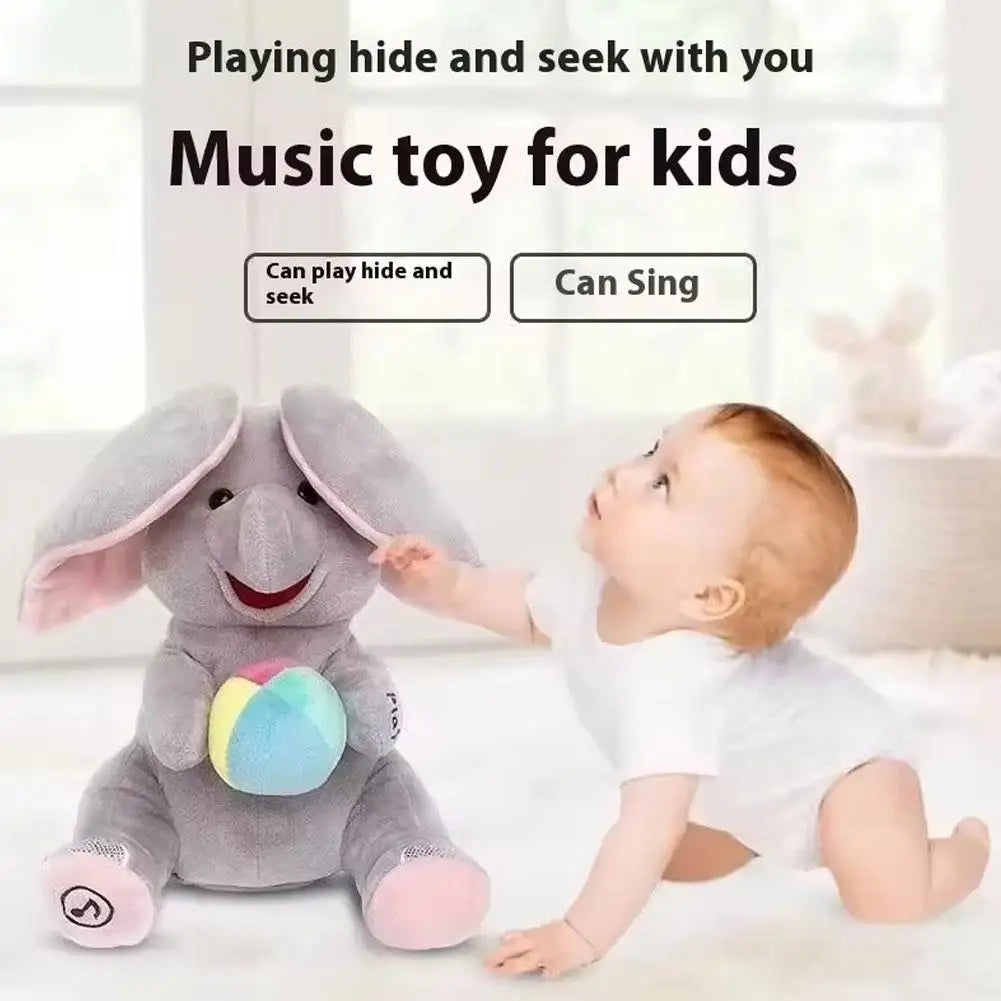 Peekaboo Singing Elephant Plush Toy, 25 cm Gray Interactive Musical Stuffed Animal with Moving Ears for Supervised Toddler Play Over 12 Months