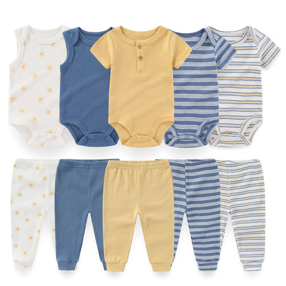 Baby Bodysuit and Pants Set, 10-Piece Kiddiezoom Infant Clothing Bundle with Short-Sleeve Tops for Boys and Girls, Sizes 3M-12M