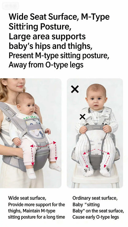 Front and Back Baby Carrier with Hip Seat, Adjustable Buckle Straps and Wide Waist Belt, Gray or Dark Blue Babywearing for Family Outings