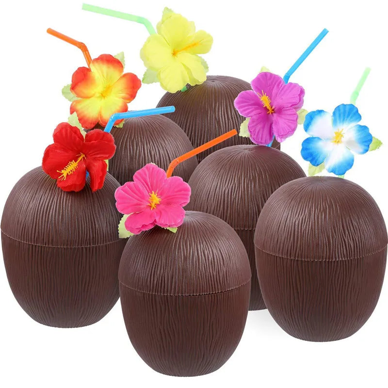 Fruit Shaped Party Cups in Pineapple, Coconut and Strawberry Designs, 6 or 10-Piece Plastic Drink Cup Sets for Luau Birthdays and Summer Celebrations