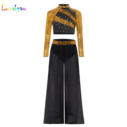 Girls Lyrical Dance Costume Set with Mock Neck Sparkle Top and Wide Leg Pants, Chiffon Overlay and Sleeveless Styles for Recitals and Stage Performances