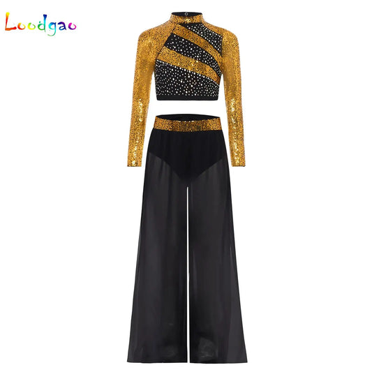 Girls Lyrical Dance Costume Set with Mock Neck Sparkle Top and Wide Leg Pants, Chiffon Overlay and Sleeveless Styles for Recitals and Stage Performances