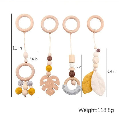 Baby Gym Hanging Toys in Wood and Cotton with Animal, Star and Moon Pendant Designs, Individual or Set Options for Supervised Play