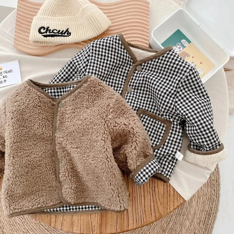 Toddler Reversible Plaid Jacket with Plush Reverse, V-Neck Snap Front and Patch Pockets, Brown or Beige Kids Fall Winter Layer, Sizes 12M-6T