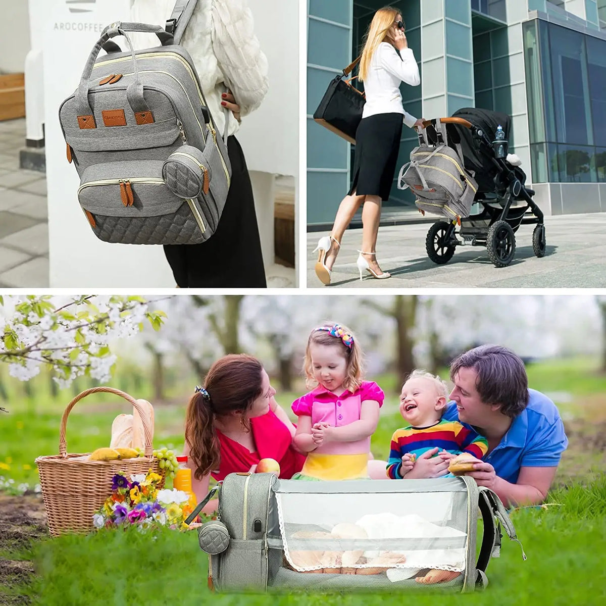 Diaper Backpack with USB Port and Fold-Out Changing Station, Type 1 and Type 3 Baby Essentials Bag with Organized Storage for Moms and Dads
