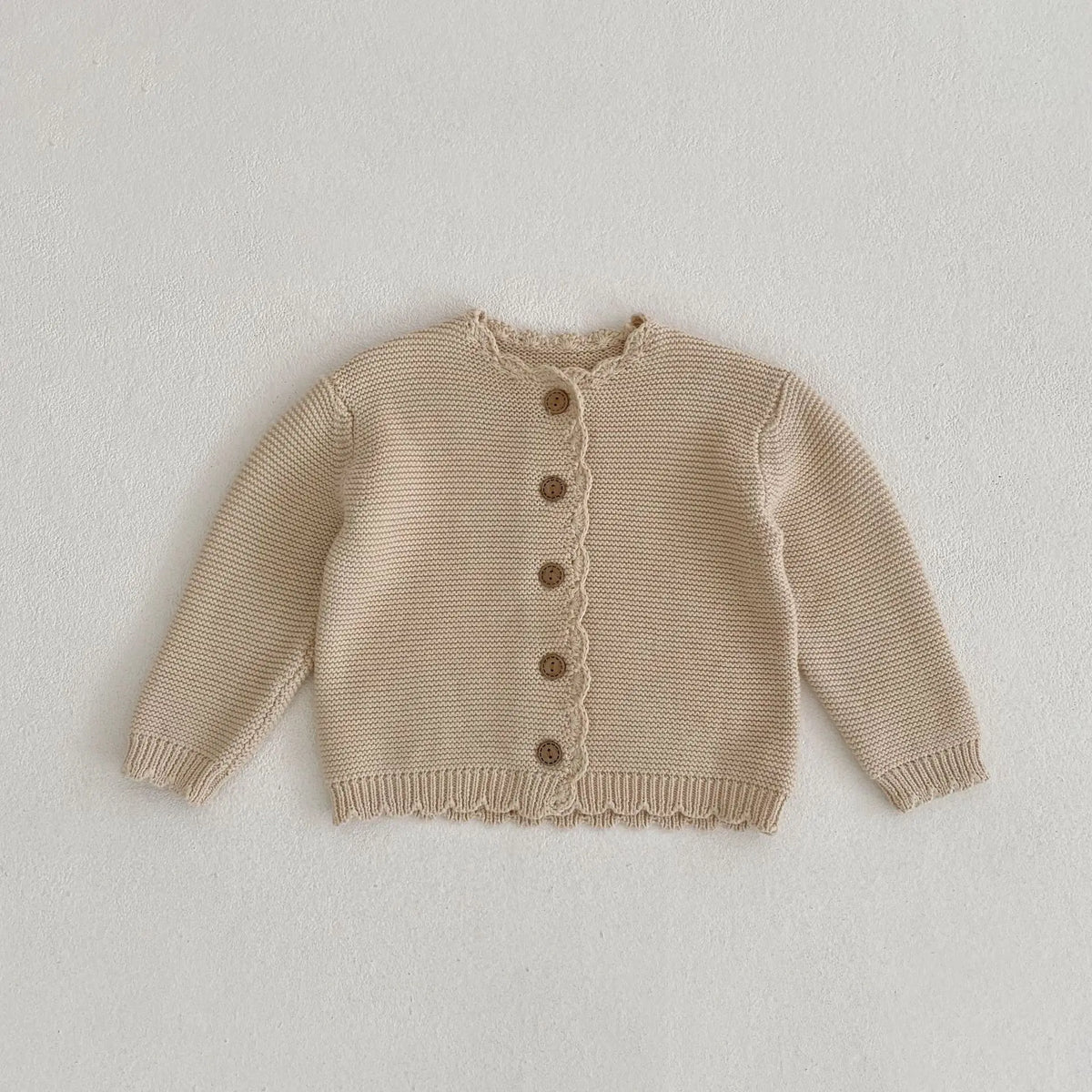 Scalloped Neck Baby Cardigan with Button Front, Textured Knit and Ribbed Cuffs, Long Sleeve Infant and Toddler Sweater in Khaki or Apricot