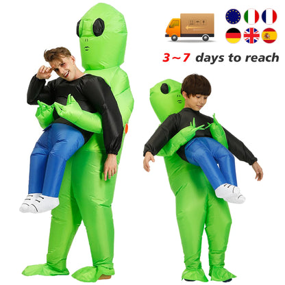Carry-Me Alien Inflatable Costume for Kids and Adults, Green Abduction Illusion Suit with Fan and Battery Case for Halloween Parties and Stage Shows