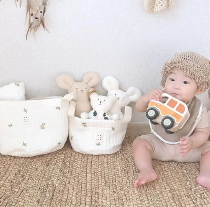 Diaper Storage Basket with Cute Bear Embroidery and Carry Handles, Quilted Nursery Organizer for Newborn Diapers, Toys and Baby Essentials