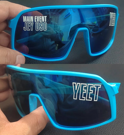 YEET Graphic Sunglasses with Jey Uso Main Event Lettering, Colorful Shield-Style Fan Shades in Children's and Adult Options for Party Outfits