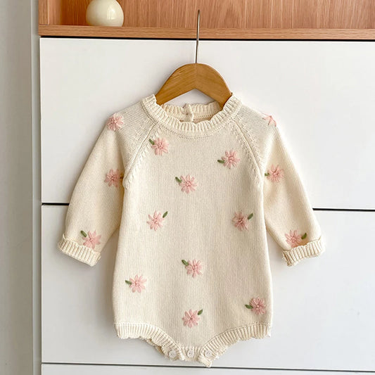 Beige Baby Girl Floral Embroidered Knit Romper with Pink Flower Details, Long Sleeves, Ribbed Neckline and Button Crotch, 3-24M