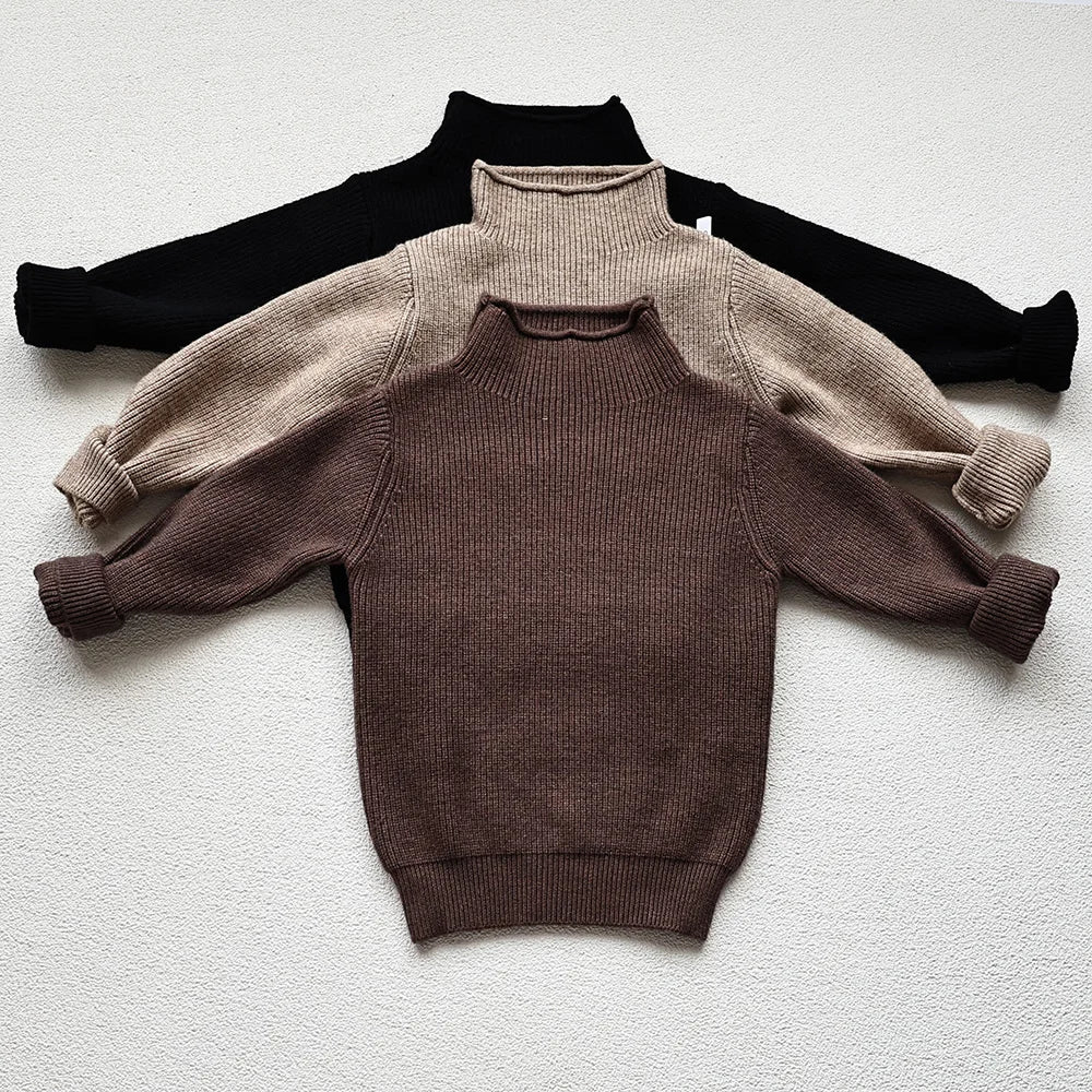 Kids Ribbed Turtleneck Sweater for Boys and Girls, Long Sleeve Knit Pullover in Beige, Brown or Black for Spring and Fall Layering, Sizes 12M-6T