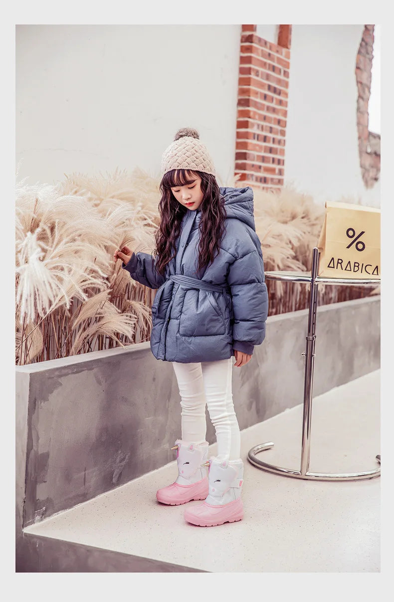 Kids Unicorn Winter Boots with Plush Trim, Gold-Tone Horn and Ear Details, Pink and White Fantasy-Themed Cold-Weather Footwear for Girls