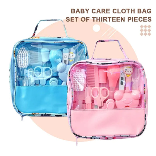 Pink Baby Care Kit, 13-Piece Grooming Set with Hair Brush, Comb, Nail Clippers, Nasal Aspirator and Zippered Carry Bag for Home and Travel