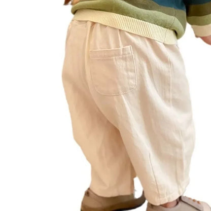 Toddler Pull-On Pants with Elastic Waist and Back Pocket, Solid Color Loose Ankle-Length Trousers for Boys and Girls, Sizes 12M-5T