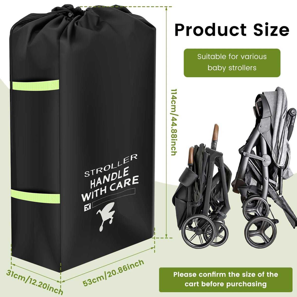 Stroller Transport Cover Bag in 300D Oxford Cloth, Black Drawstring Travel Storage with Carry Strap and Name Tag Area for Flights and Road Trips