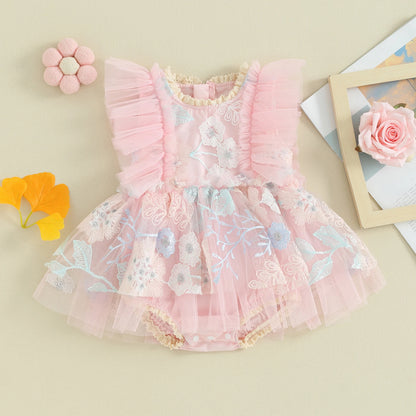 Embroidered Baby Girl Romper Dress with Pink Floral Mesh Skirt and Flutter Sleeves, Matching Headband and Snap Bottom for Party Photos, 0-24 Months