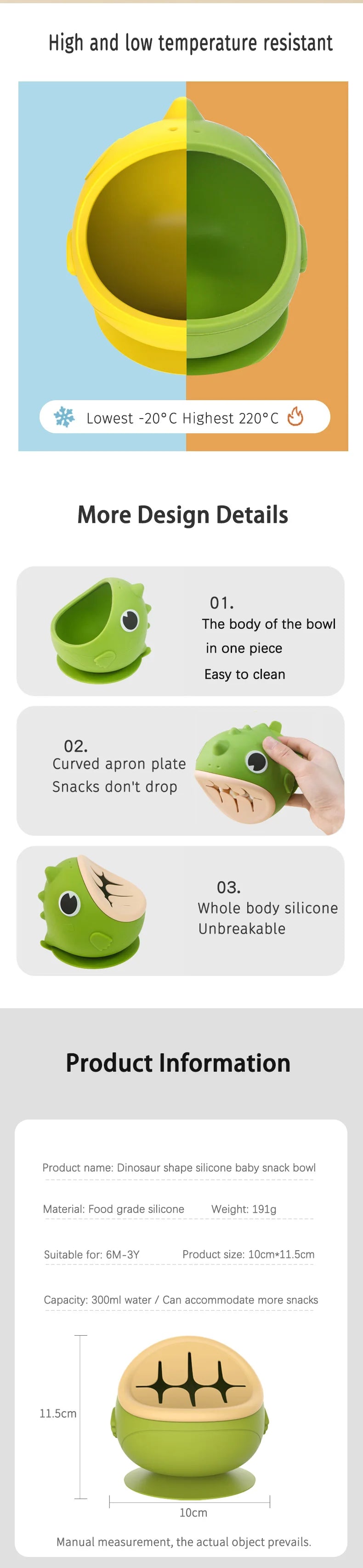 Dinosaur Silicone Suction Bowl with Slotted Snack Lid, Cartoon Baby Feeding Dish for Supervised Weaning Meals and Toddler Snacks