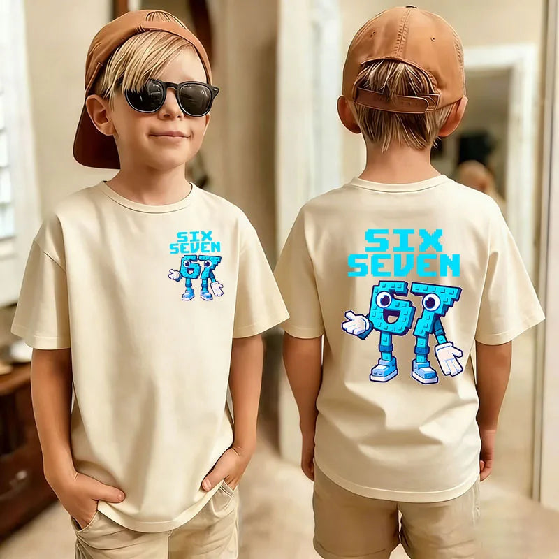 Six Seven Kids T-Shirt with Funny 67 Number Graphic, Short Sleeve Summer Top for Boys and Girls, Casual Playdate Outfits and Birthday Fan Gifts