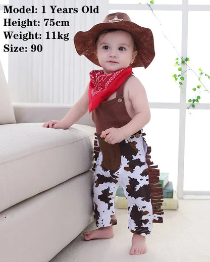 Cow Print Baby Cowboy Costume with Fringe Romper, Sheriff Hat and Red Bandana, Western Birthday Dress-Up Outfit with Sock Options