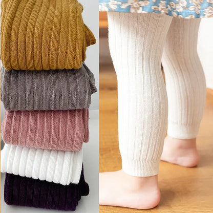 Ribbed Footless Leggings for Babies and Toddler Girls, Solid Color Knit Bottoms in Six Colors and Four Size Groups for Everyday Outfit Layering