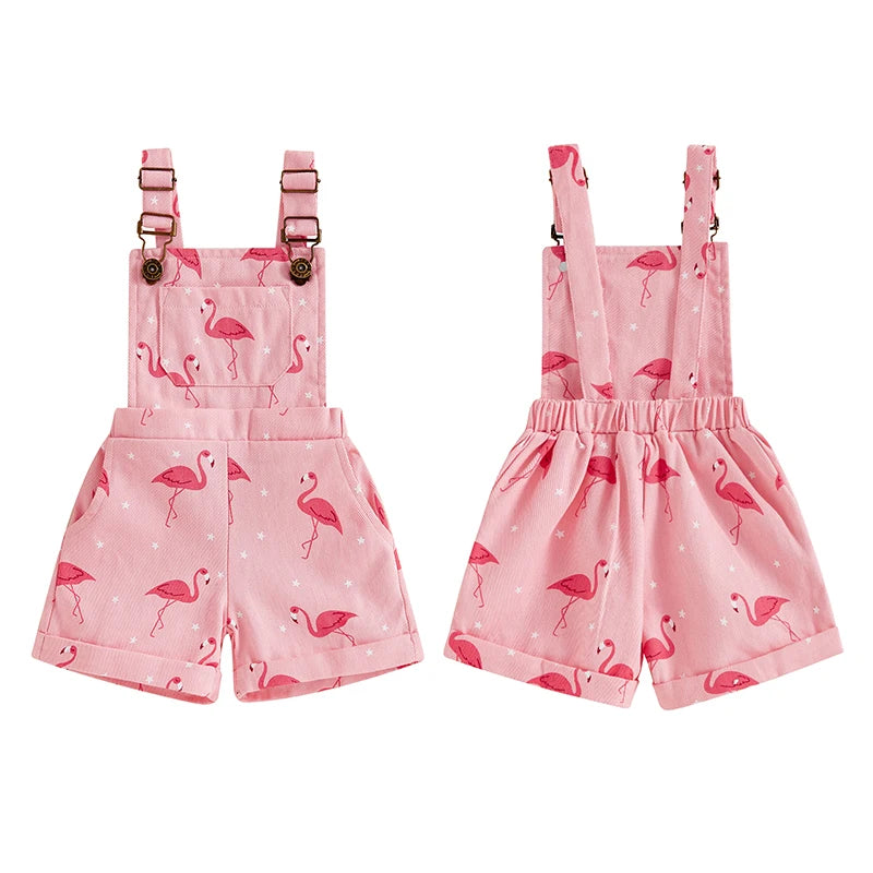 Girls Flamingo Denim Short Overalls in Pink with Adjustable Straps, Bib Pocket and Rolled Hems for Summer Outings, Birthdays and Photos