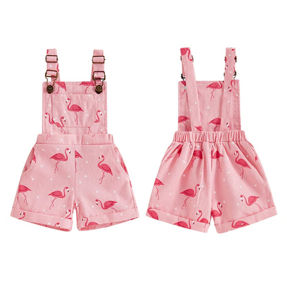 Girls Flamingo Denim Short Overalls in Pink with Adjustable Straps, Bib Pocket and Rolled Hems for Summer Outings, Birthdays and Photos