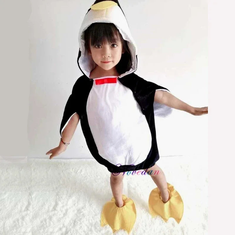 Kids Penguin Costume with Hooded Black-and-White Outfit, Wing-Style Sleeves and Red Bow Detail for Halloween, Birthdays and Animal Dress-Up