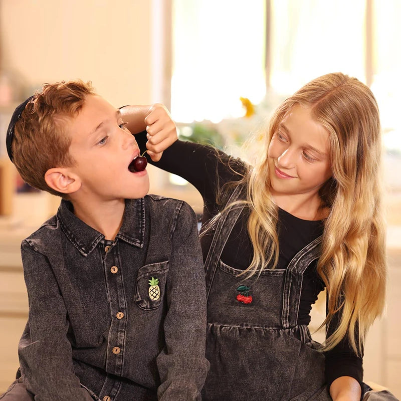 Black Denim Family Matching Outfits with Embroidered Details, Girls Dresses and Skirts, Boys Shirts and Baby Sets for Sibling Photos