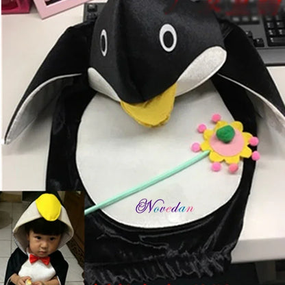 Kids Penguin Costume with Hooded Black-and-White Outfit, Wing-Style Sleeves and Red Bow Detail for Halloween, Birthdays and Animal Dress-Up