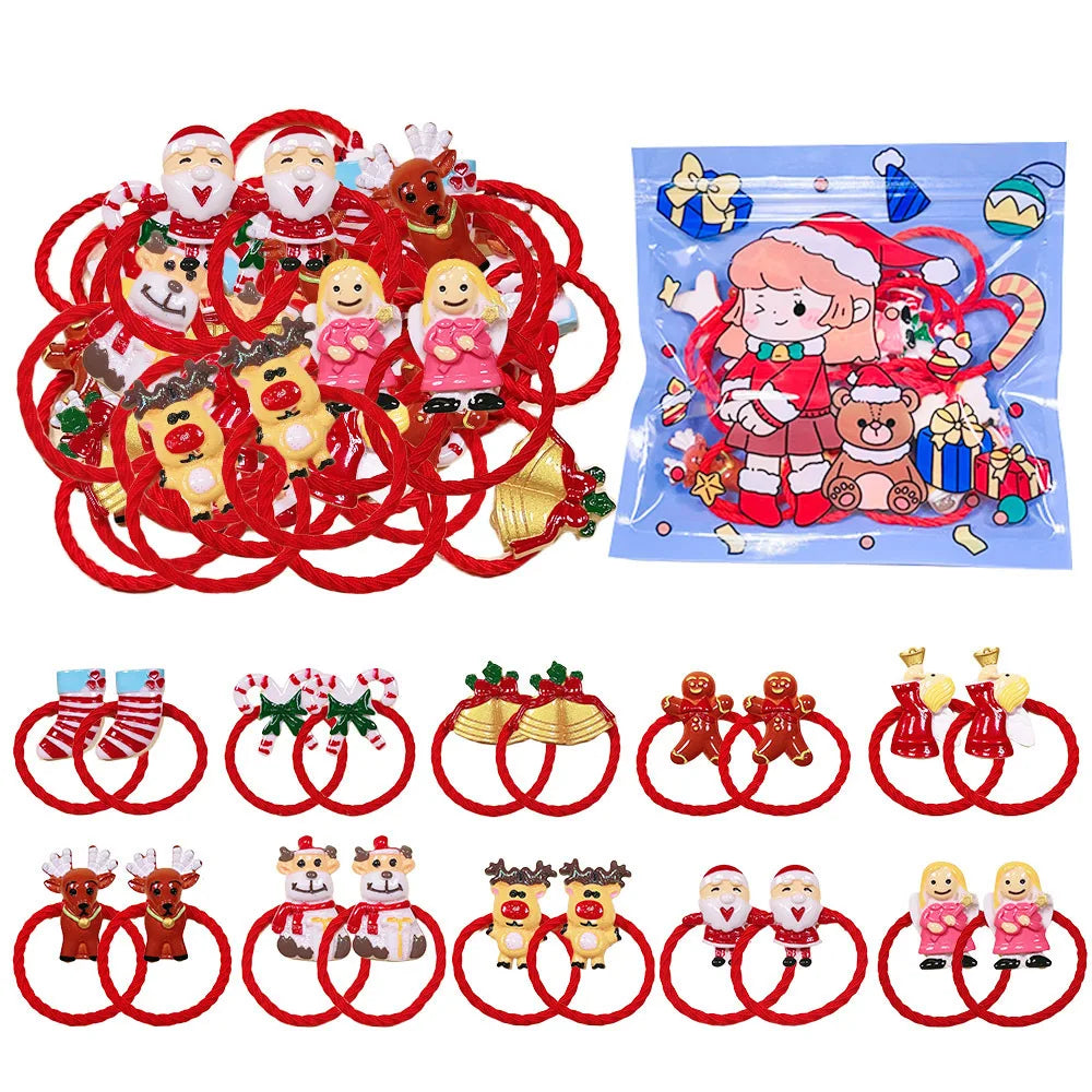 Christmas Hair Ties for Girls, 20-Piece Red Elastic Ponytail Holder Set with Santa, Reindeer, Bells and Festive Charms for Holiday Hairstyles