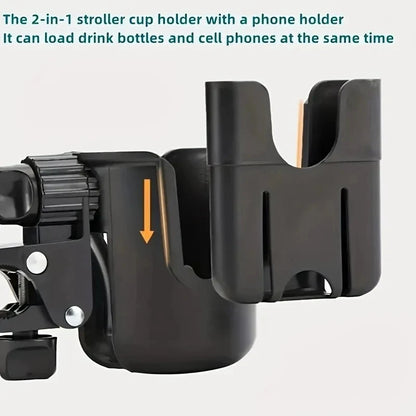 Stroller Beverage and Phone Organizer with Clamp Mount, 2-in-1 Cup and Bottle Holder in Black or Beige for Compatible Stroller and Wheelchair Frames